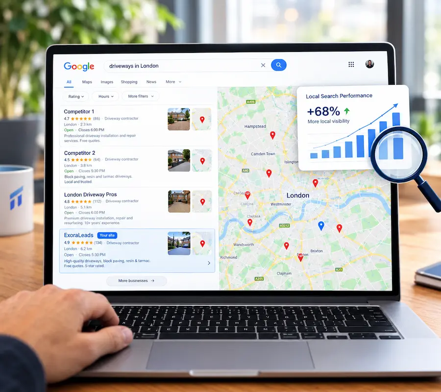 Local SEO strategy showing Google Maps visibility, local search results and business listings for UK service businesses