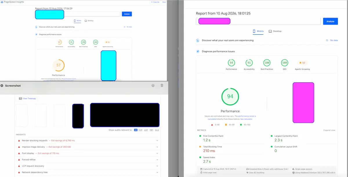 Comparison of a slow-loading dog walking website versus an optimised one ranking in Google