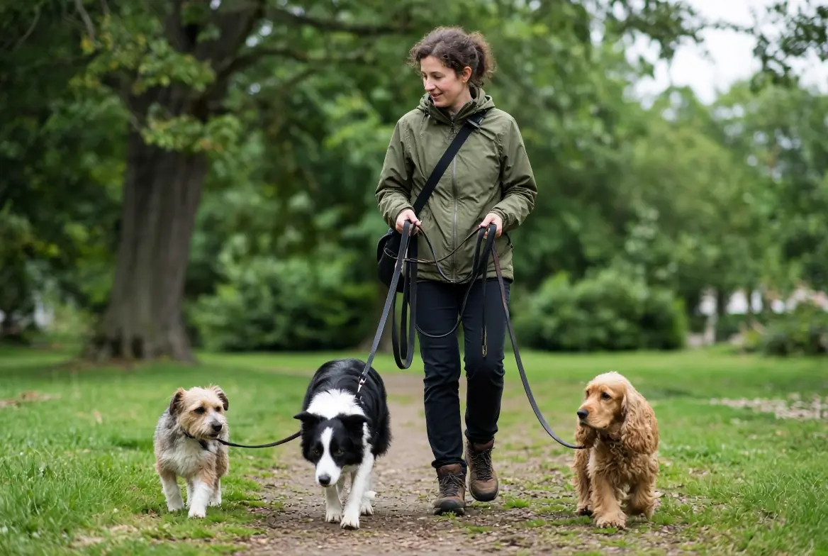 Professional dog walker walking multiple dogs in a UK park