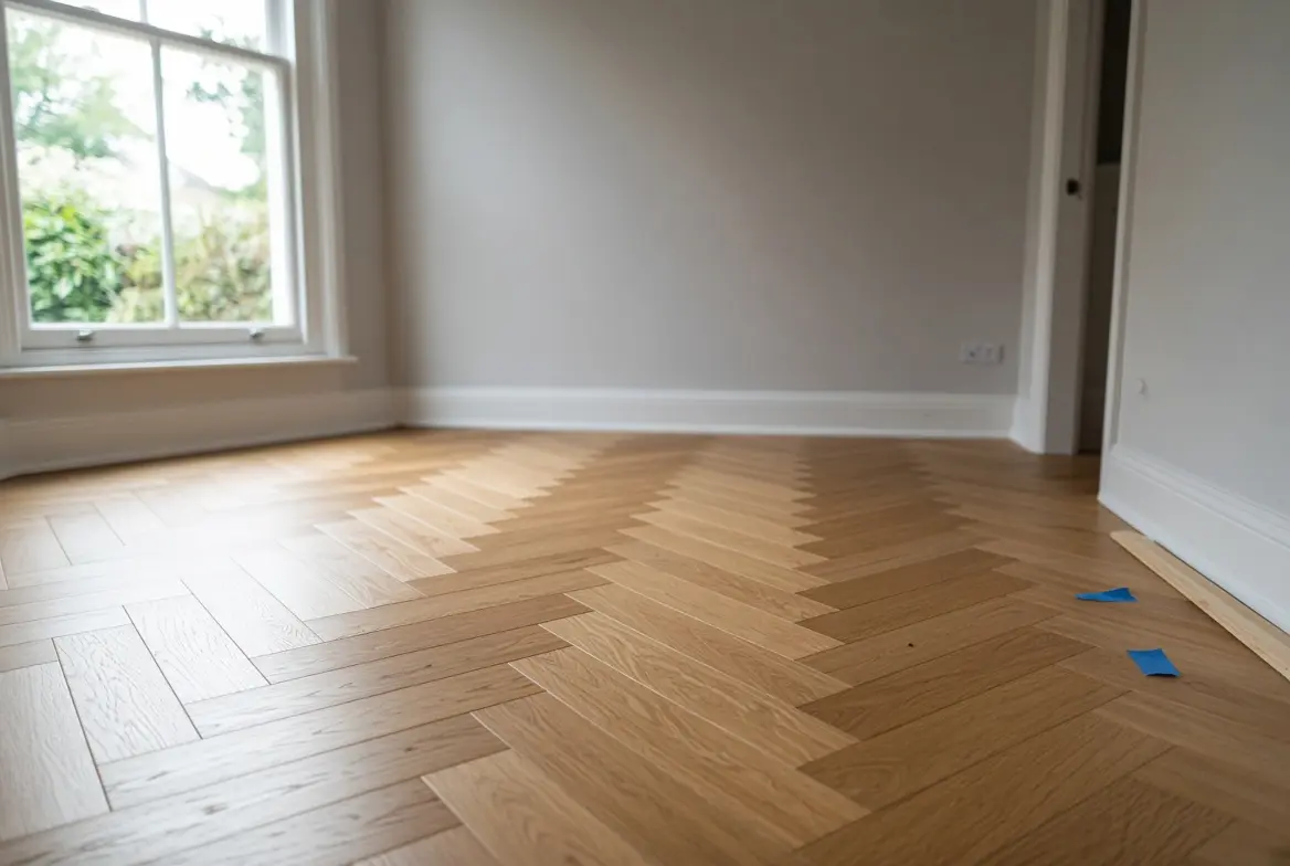 Freshly installed engineered oak herringbone flooring in a UK living room