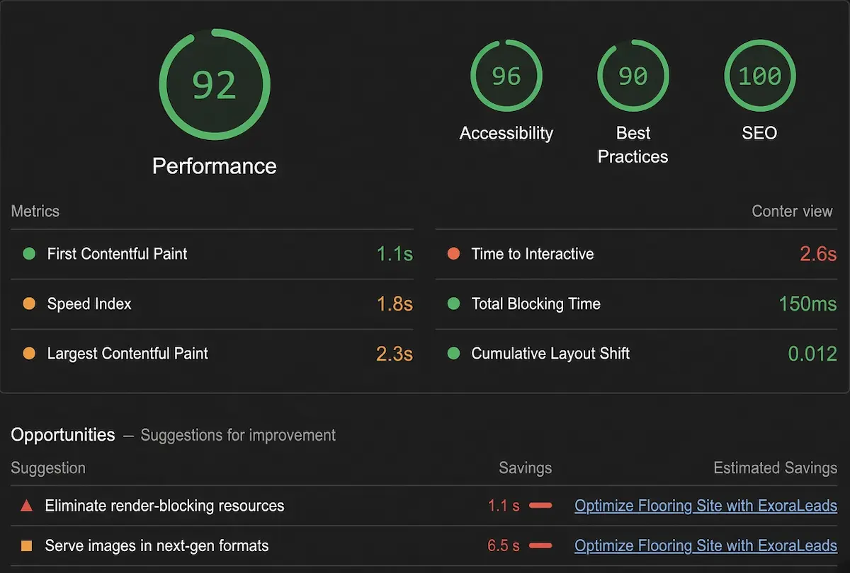 Comparison of a slow-loading flooring website versus an optimised one ranking in Google