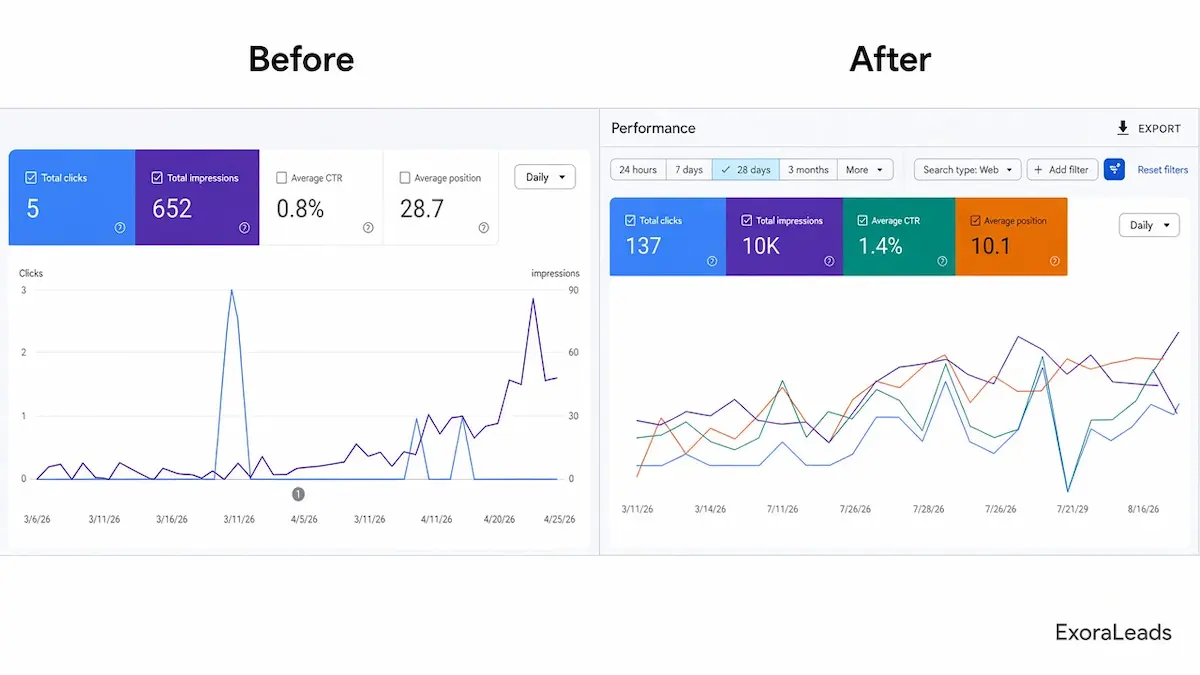 A before and after comparison showing improved Google Maps ranking for a generic flooring business after local SEO. The Before side shows a low ranking (12th), while the 'After' side shows the business in the top 3 positions on Google Maps, demonstrating the impact of local SEO and website optimization.
