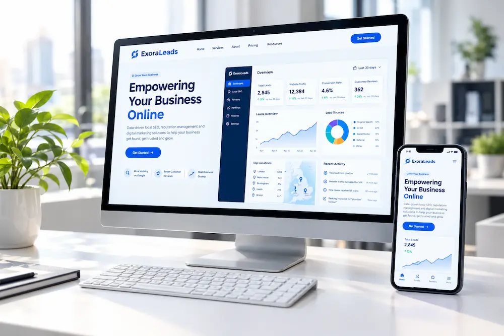 Responsive business website displayed across desktop and mobile devices, illustrating a mobile-first web development approach