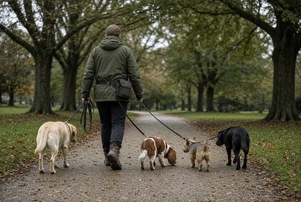 Dog walker with a small group of dogs in a UK park