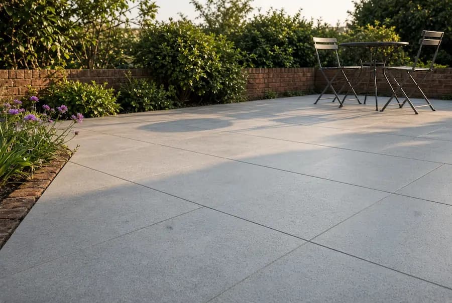 Professional driveway and patio installer working on a project in a UK garden